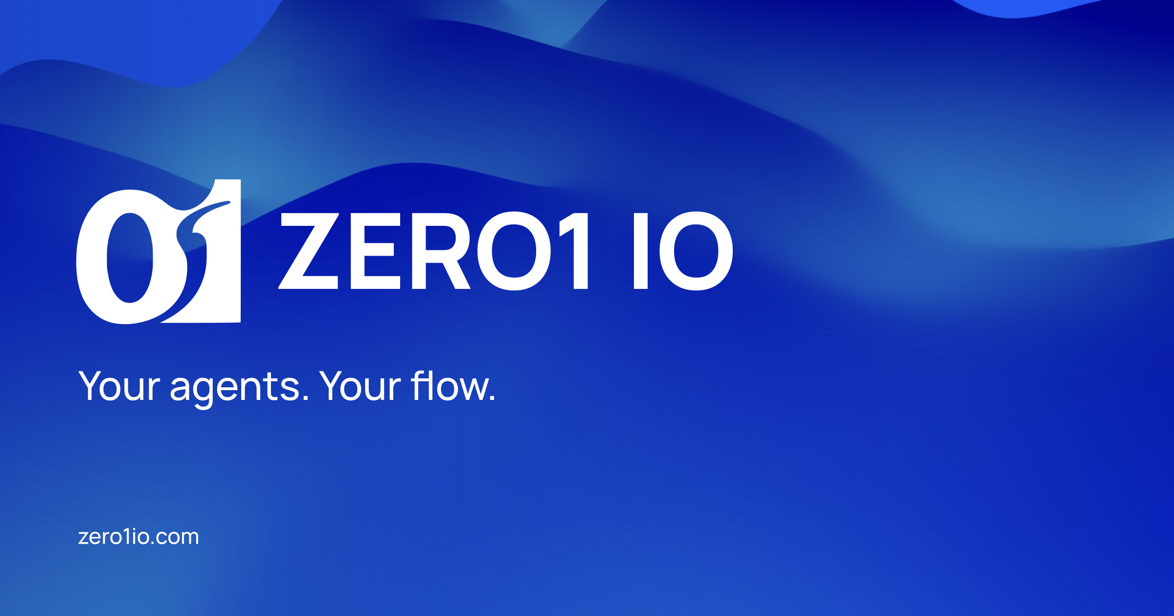 ZERO1 IO white Channel logo and Your agents. Your flow. on a cobalt water-plane background